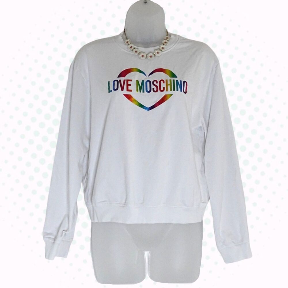 Love Moschino White & Rainbow Holographic Heart Print Sweatshirt Size 2